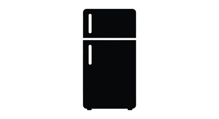 A black and white depiction of a modern refrigerator appliance in a flat style silhouette
