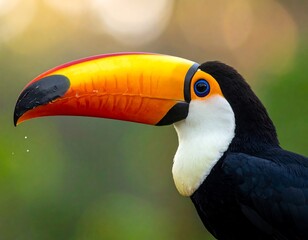 Fototapeta premium A vibrant close-up of a toucan bird with a large, colorful beak and bright blue eyes