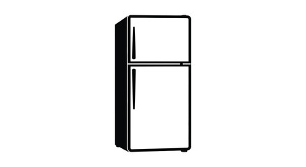 A simple illustration depicting a modern refrigerator in black and white a stark silhouette