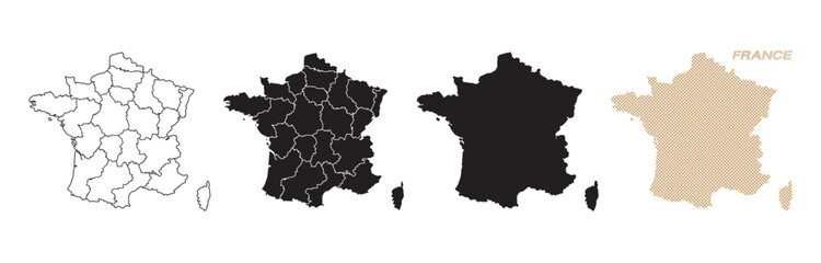 Maps of France in various styles, with black and gold lines on a white background. © Eakglory
