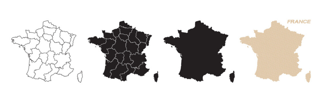 Maps of France in various styles, with black and gold lines on a white background.