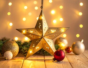 Golden star ornament against bokeh lights and festive decor