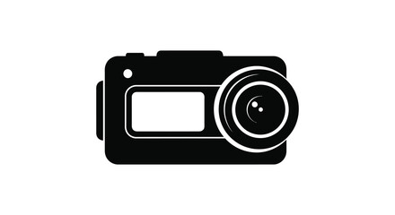 A striking black and white illustration of a classic digital camera design silhouette