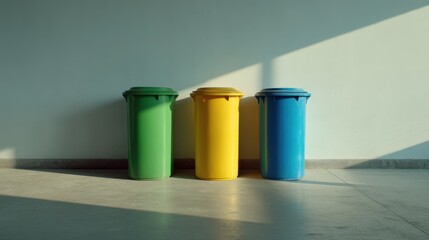 Colorful recycling bins against wall, waste sorting and environmental care