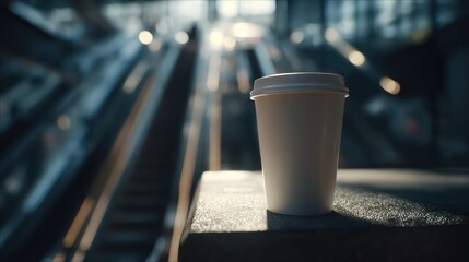 A disposable cup sits on subway entrance ledge, blurred escalator lights glowing behind. Shadows define depth naturally. Crisp textures