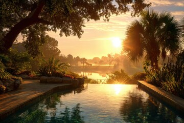 Fototapeta premium Serene morning view of a pool with vibrant sunrise over tranquil waters and lush greenery in a peaceful tropical setting