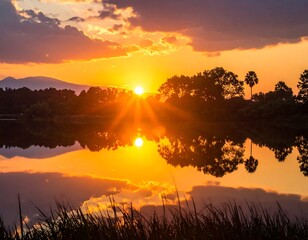 Golden sunset ablaze above calm water, reflecting sky and trees