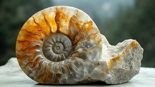 Beautifully polished ammonite fossil on a stone base