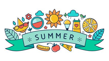 Hand Drawn Summer Icons Banner with Copy Space – Doodle Vacation Elements Vector Illustration