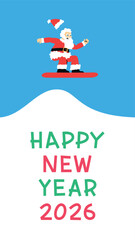 Vertical vector cartoon illustration. Snowboarder performs trick over hill. Athlete won. Santa Claus with beard, hat jumps on snowboard over snow mountain and waves hello. Christmas, New Year concept