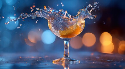 A splash of vibrant cocktail arcs the air, frozen with motion blur into a crystal coupe glass. The liquid