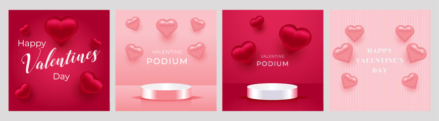 A set of Valentine's Day posters. 3D red and pink hearts on a red background. Vector illustration. Templates for holidays or greeting cards, love themed social media.