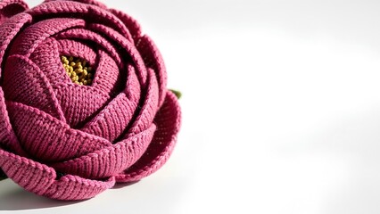 Obraz premium A premium hyper-realistic knitted peony crafted from velvet pink wool with plush folds and soft golden highlights placed on the left side for elegant luxury compositions