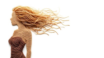 Hyper-realistic knitted female silhouette with flowing hair made from thick yarn strands in soft brown and gold tones, minimal shape, white background