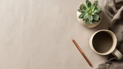 Top view minimalist desk composition with blank central area for text, soft natural lighting, earth tone colors, ceramic pot with succulent, clean layout
