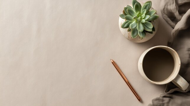 Top view minimalist desk composition with blank central area for text, soft natural lighting, earth tone colors, ceramic pot with succulent, clean layout