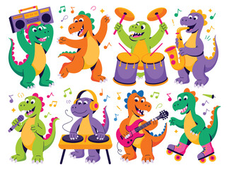 Cute Cartoon Dinosaurs Band Playing Musical Instruments Singing Dancing Party Vector