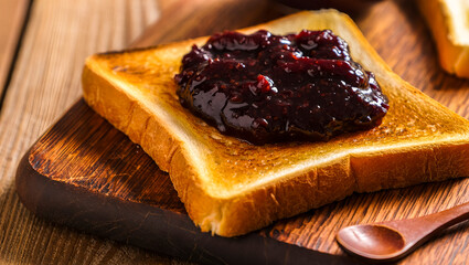 A close-up of a toast with delicious Jabuticaba jelly, a unique Brazilian berry that grows on the tree trunk. Served on a rustic wooden board, a perfect image for breakfast 