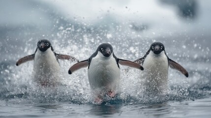 Two penguins splashing in the water