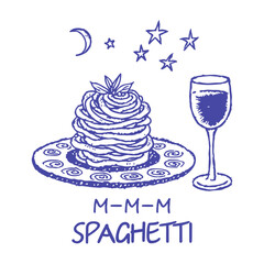 Hand Drawn Sketch Food and Drink, Pasta in Plate. Spaghetti Charcoal Trendy Vector Illustration. Plate of Food, Wine Glass in Sketch Chalk Style