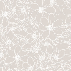 Floral Seamless Pattern Line Art Minimalist Style. Outline Flowers Vector Background. Botanical Wallpaper Design. Minimalistic Floral Print Template for Textile and Fabric Design