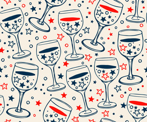 Wine Glass Seamless Pattern. Vintage Style Wallpaper Design with Wine Glasses. Hand Drawn Vector Illustration for Holiday Design, Textile, Fabric, Prints