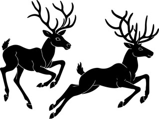Deer Silhouettes Vector Illustration. Deer Black Silhouette on White Background for Christmas Design