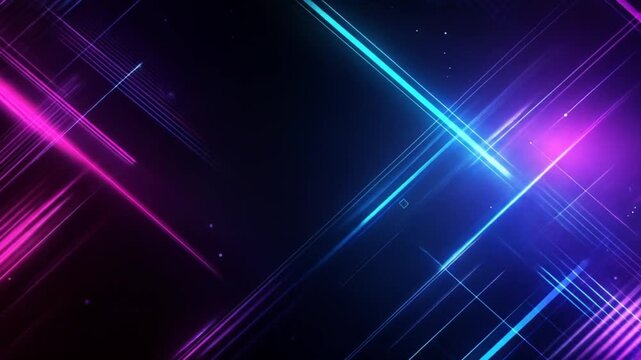 Diagonal, angled neon light streaks in blue and purple with small particles on dark background