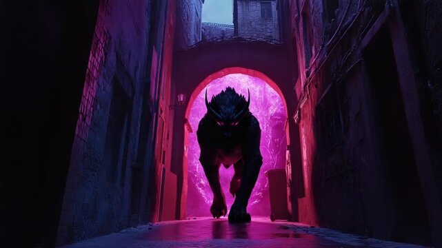 Mystical Beast Emerging from a Neon Portal in a Dark Castle.