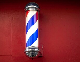 Illuminated barber pole with red, white, and blue spiral stripes