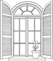 Line drawing of an open arched window with louvered shutters and a single potted flower on the sill.