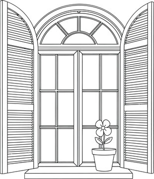 Line drawing of an open arched window with louvered shutters and a single potted flower on the sill.