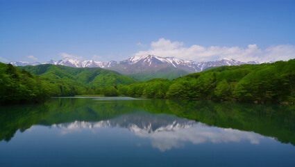 Snow-dusted mountain peaks overlook a serene lake surrounded by vibrant green forests under a clear blue sky
