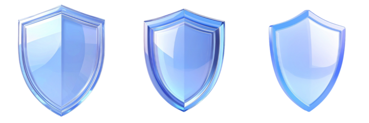 Three Blue Shields With Transparent Background Displaying Protective Security and Safety Concepts