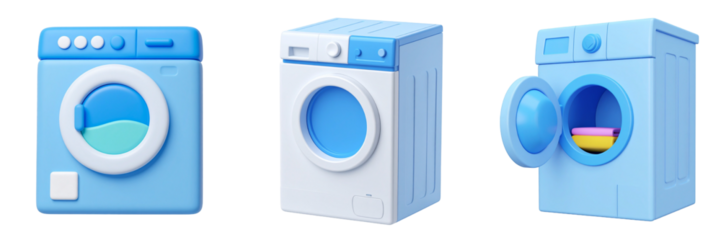 Three Blue Washing Machines Illustration on a Transparent Background
