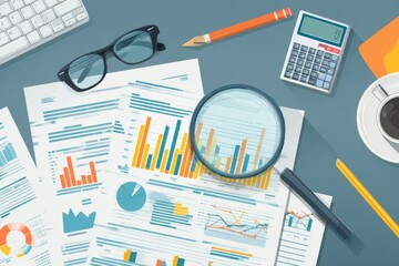 Financial analysis website banner with charts, graphs, and tools on a desk