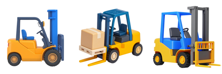 Isometric View Of Three Colorful Forklifts With Transparent Background