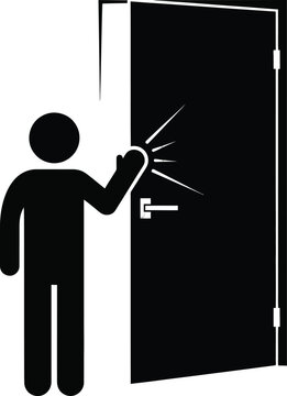 Simple black stick figure pictogram of a person knocking on a closed door with a raised fist.