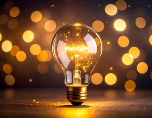 Illuminated lightbulb, glowing with golden sparks and bokeh background
