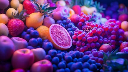 Vibrant display of fresh, colorful fruits, with dynamic lighting and saturation