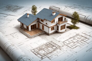 Blueprints showcasing a modern residential house design with surrounding landscaping and detailed floor plans