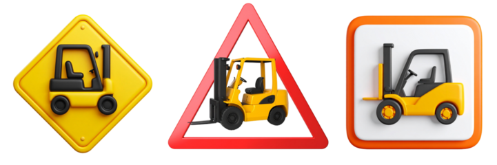 Three Forklift Icons With Transparent Background Showcasing Warning And Informative Construction And Transportation Symbols