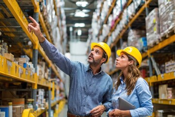 Two workers discuss inventory in a warehouse with shelves full of products during the day