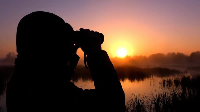 Silhouette of Explorer at Dawn: An explorer, silhouetted against a radiant sunrise, observes the tranquil landscape through binoculars, ready to witness the captivating beauty of dawn.