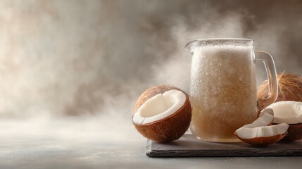 Coconut cooler pitcher glowing with chilled misty surface, droplets crisp. Coconut slices neatly arranged on slate stone beside. Depth