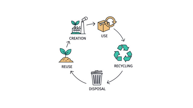Simple circular economy diagram illustrating the sustainable lifecycle from creation and use through disposal recycling and reuse for environmental concepts