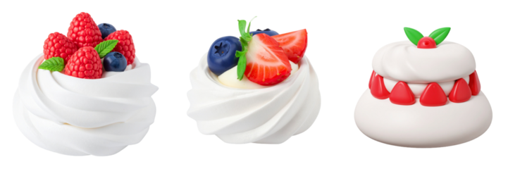 Three Sweet Miniature Pavlova Desserts With Assorted Fresh Berries and Greenery on Transparent Background