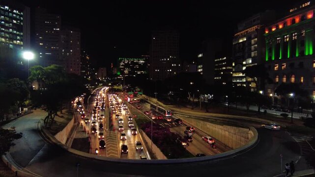 Night traffic Jam in entrance of Anhangabau Tunnel and 23 de Maio Avenue in downtown Sao Paulo, Brazil.
