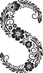 Black floral letter S silhouette with flowers and leaves