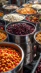 Obraz premium Close-up of various legumes in metal containers, market setting